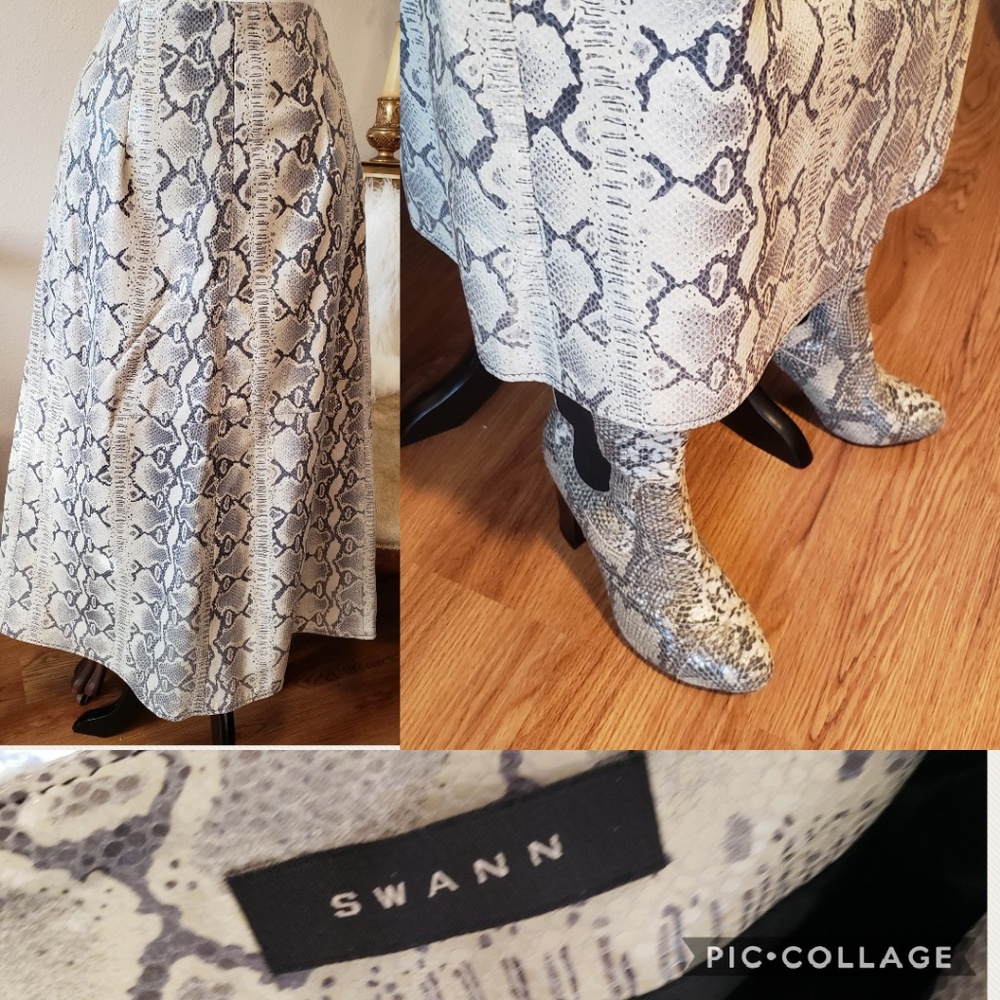 Vintage Antonia Riveria Swann Cream & Gray Snake Skin Leather Midi Skirt